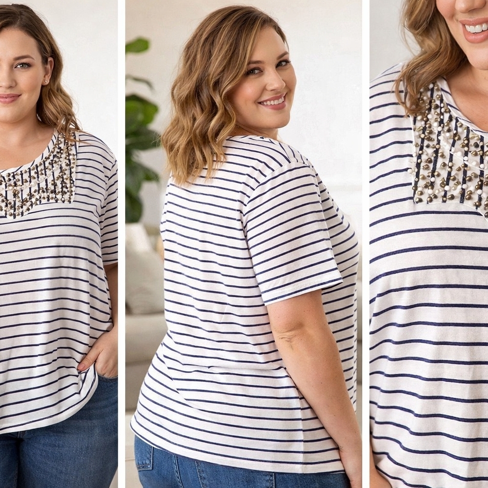 Navy Striped Beaded Women's Tee